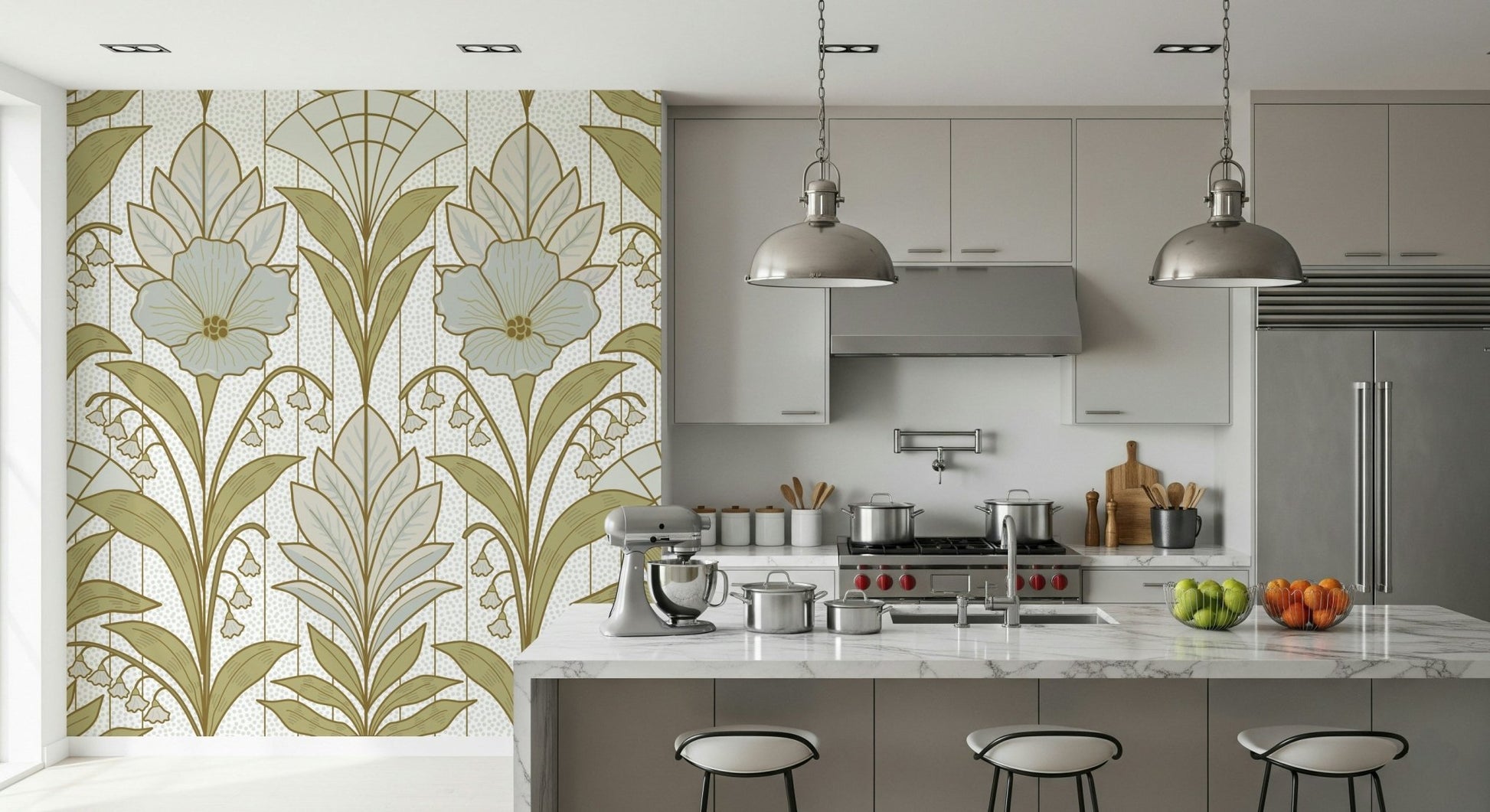 An artistic delicate bloom mural on luxury wallpaper.