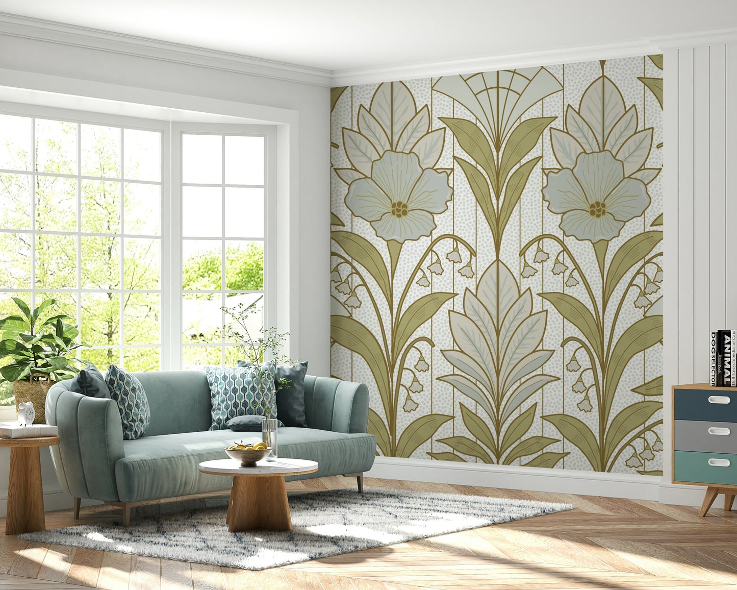 A peaceful Art Deco design mural on decorative wallpaper.