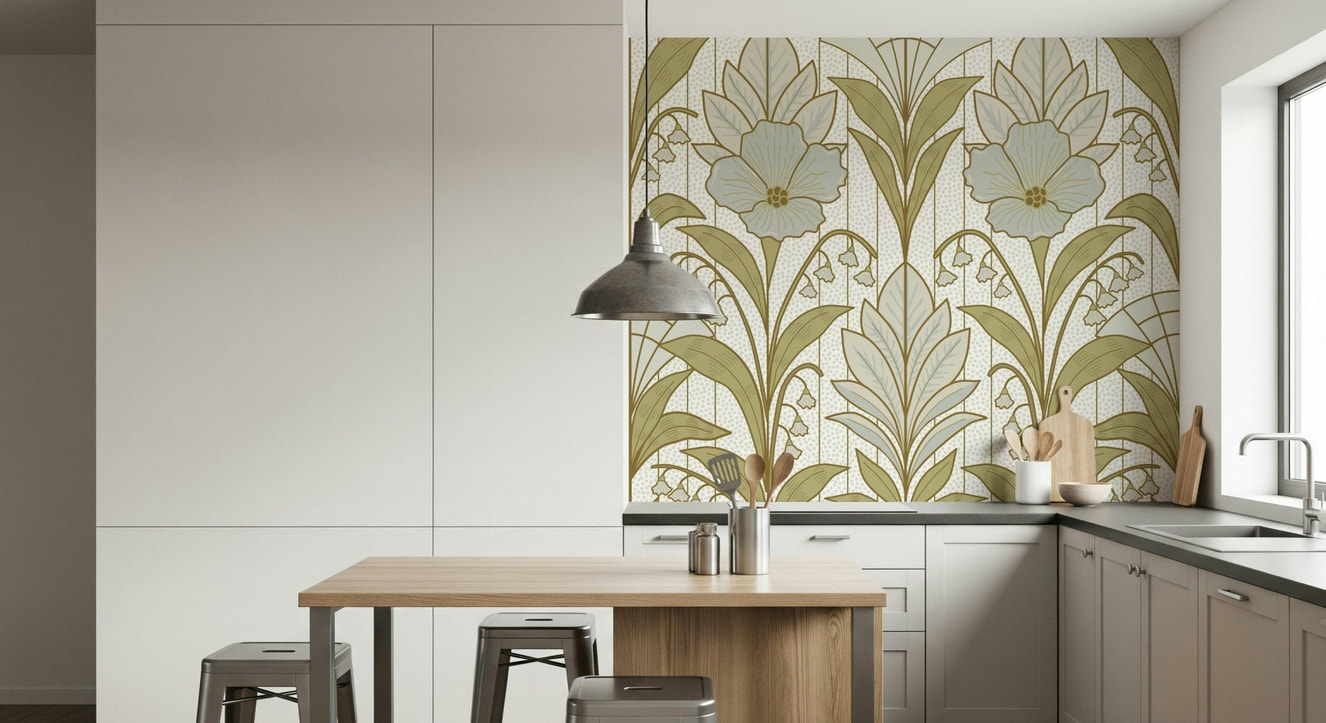 A beautiful Art Deco floral wallpaper mural with lily of the valley flowers.