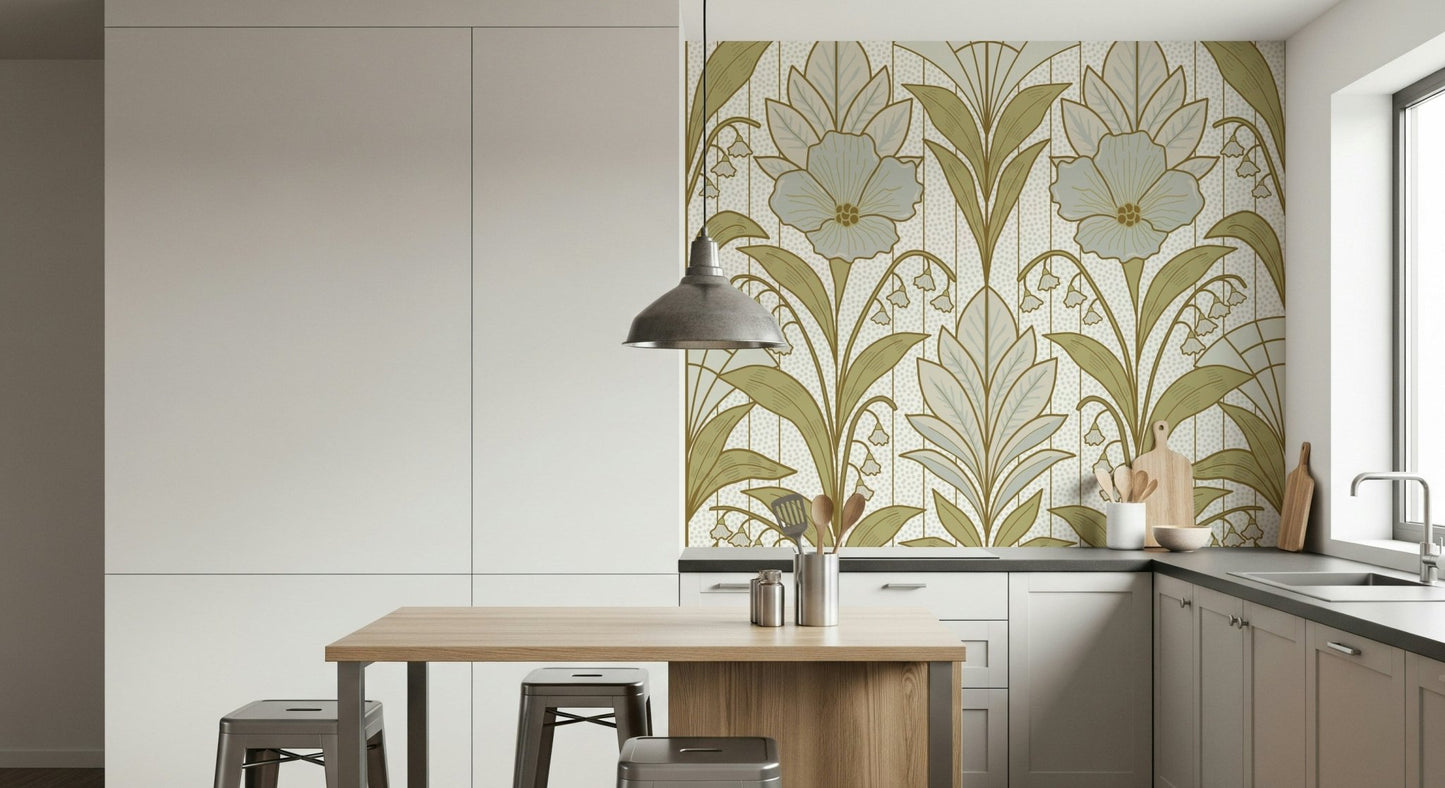 A beautiful Art Deco floral wallpaper mural with lily of the valley flowers.