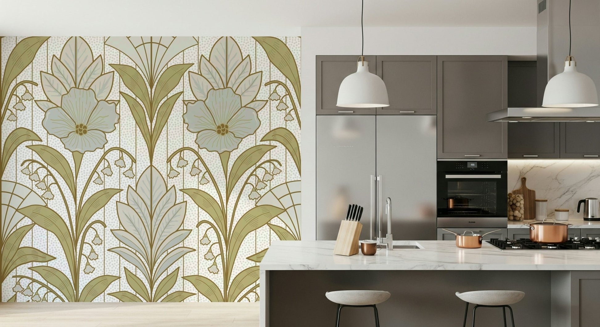 A graceful subtle bloom wall mural in light, neutral tones.