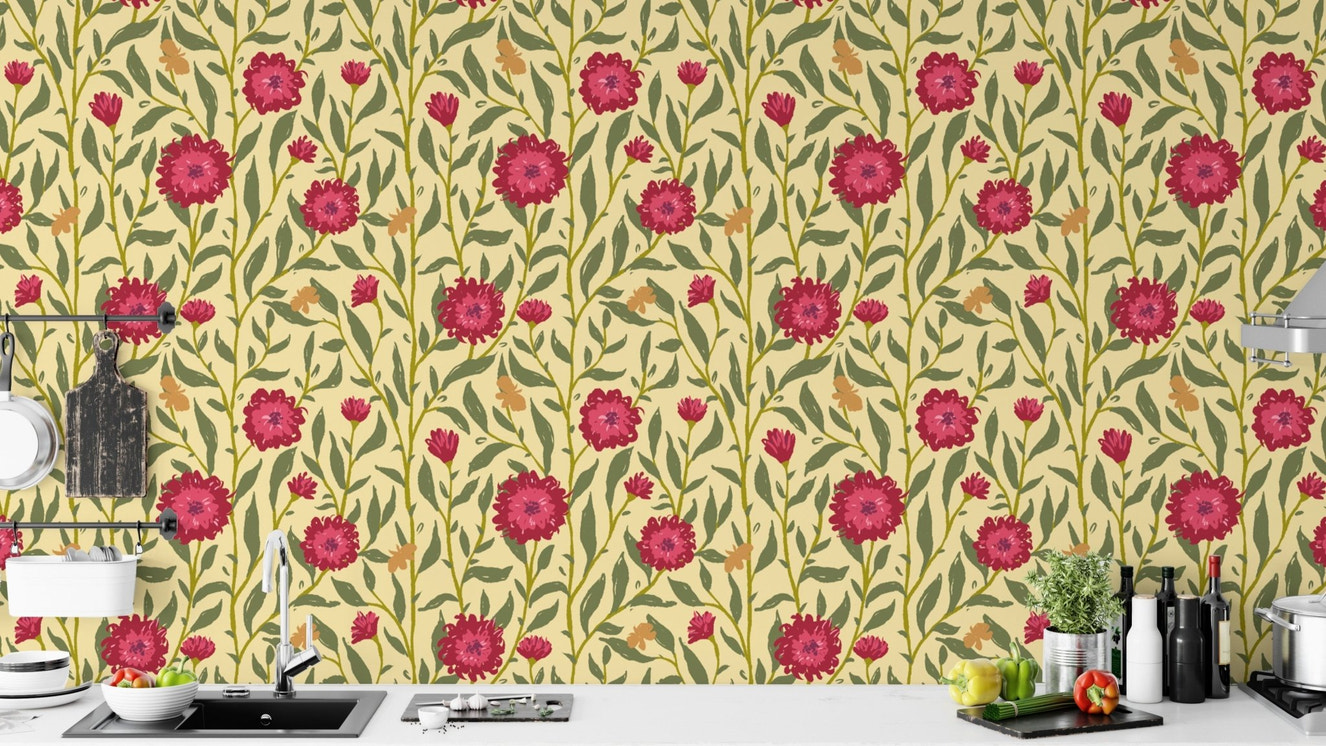 Whimsical light magenta trellis wallpaper for playful and cozy interiors.
