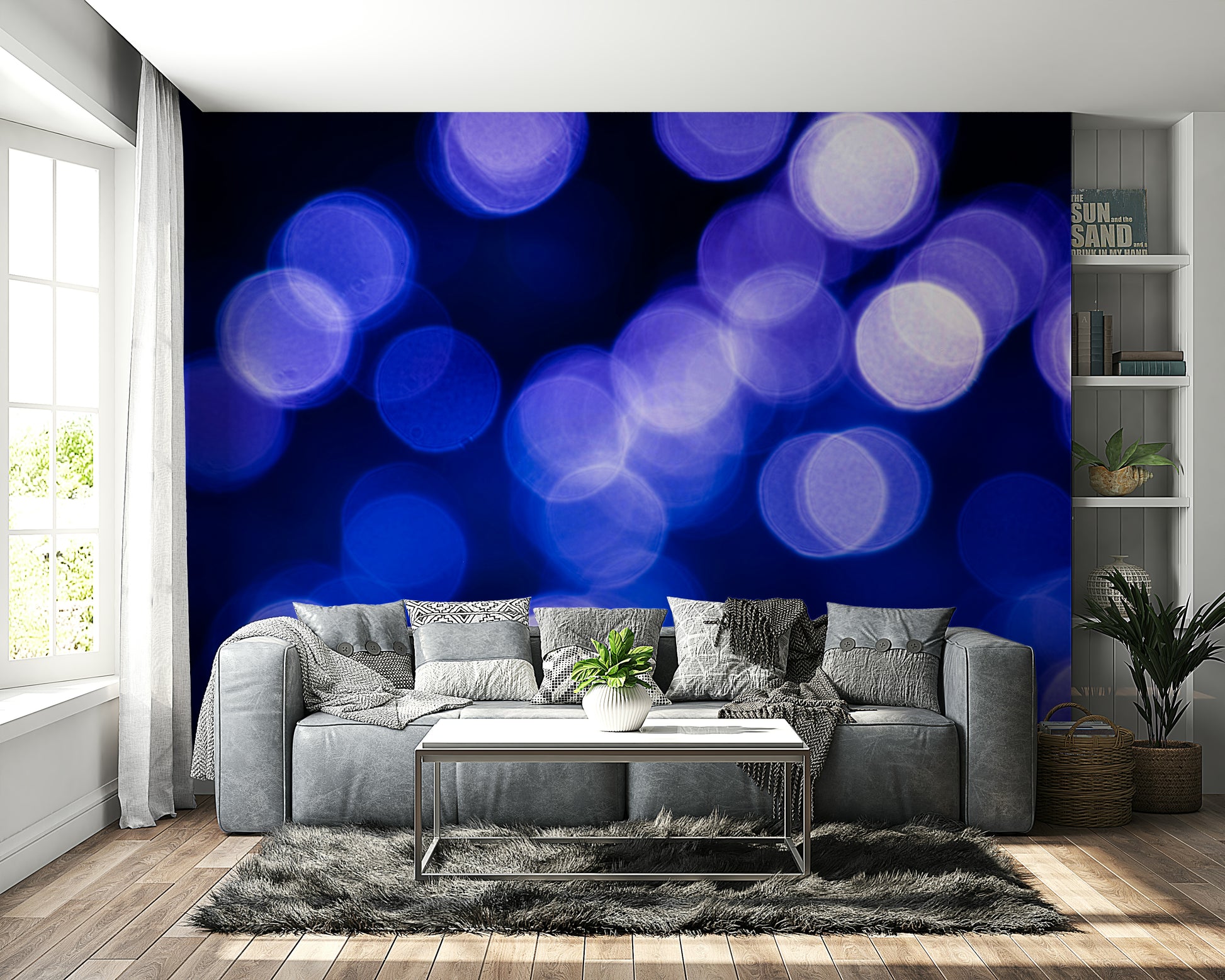 A peaceful water reflection mural on decorative wallpaper.

