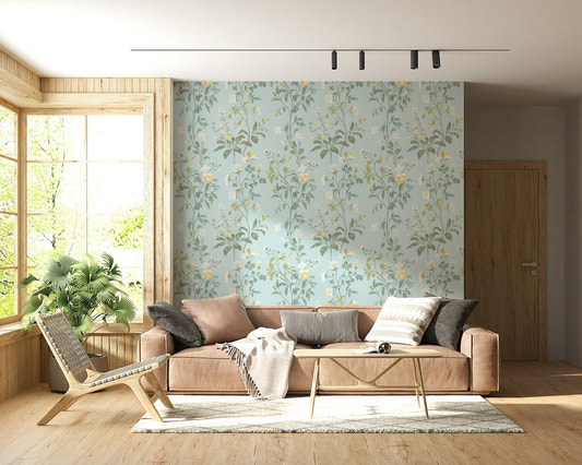 A beautiful subtle floral wallpaper mural in light pastel colors with a dreamy effect.