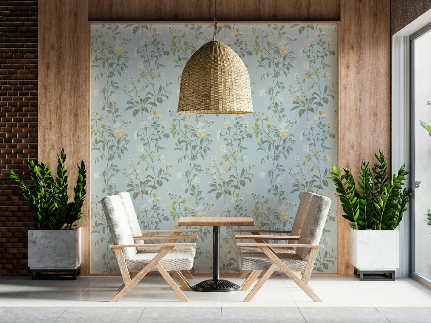 A peaceful flower design mural on decorative wallpaper.