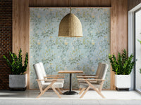 A peaceful flower design mural on decorative wallpaper.