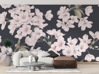 Soft pink floral wallpaper on a dark backdrop
