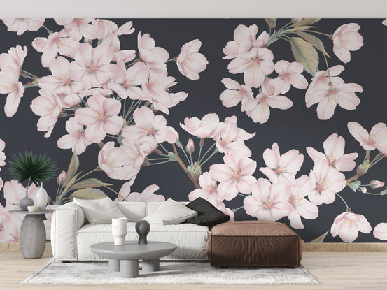 Soft pink floral wallpaper on a dark backdrop, A632
