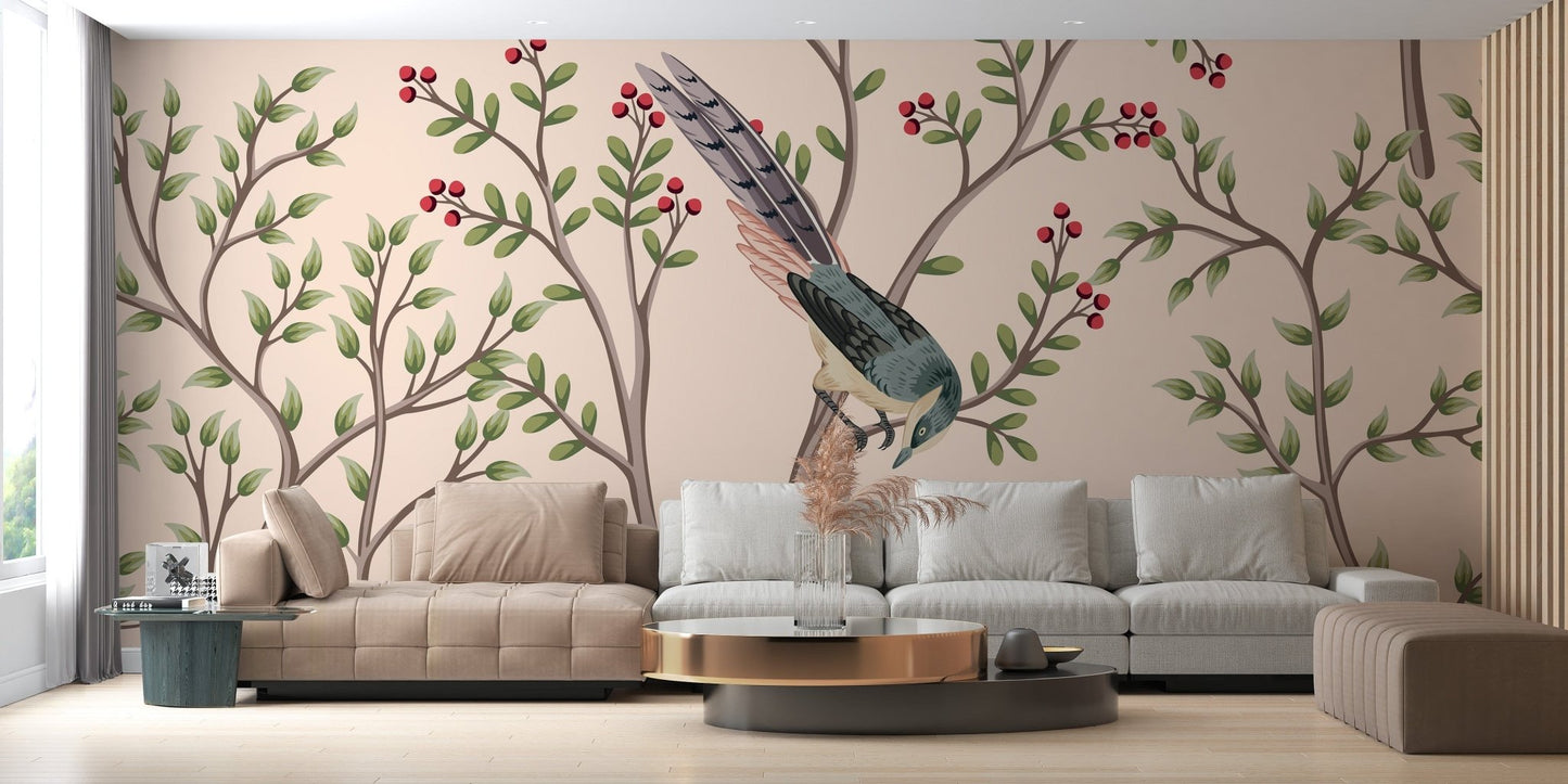Pink leaves and bird mural for calm decor A675
