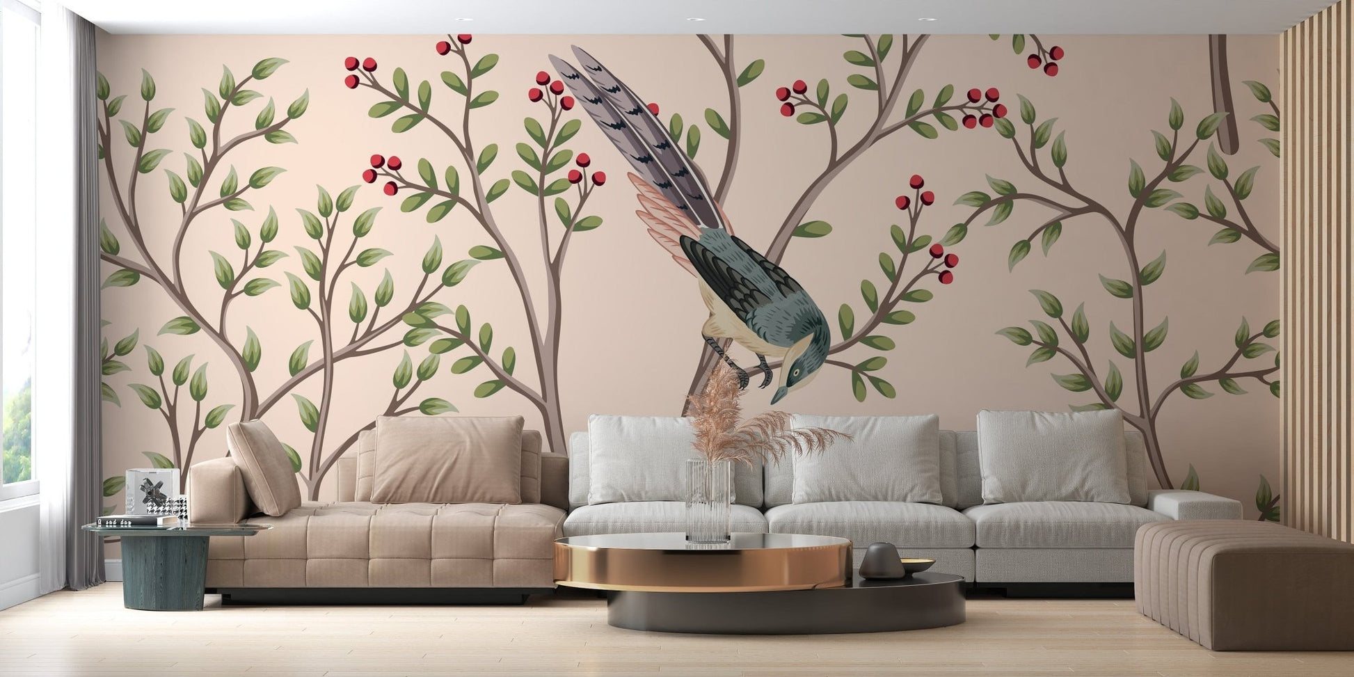 Pink leaves and bird mural for calm decor A675

