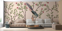 Pink leaves and bird mural for calm decor A675
