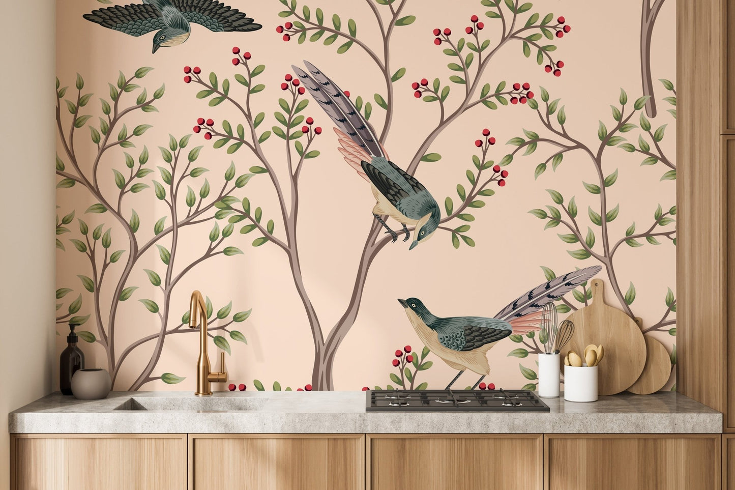 Elegant bird and leaves pink wall design
 A675