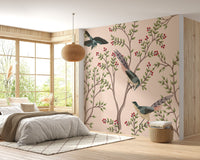 Delicate bird and leaves wallpaper in pink A675
