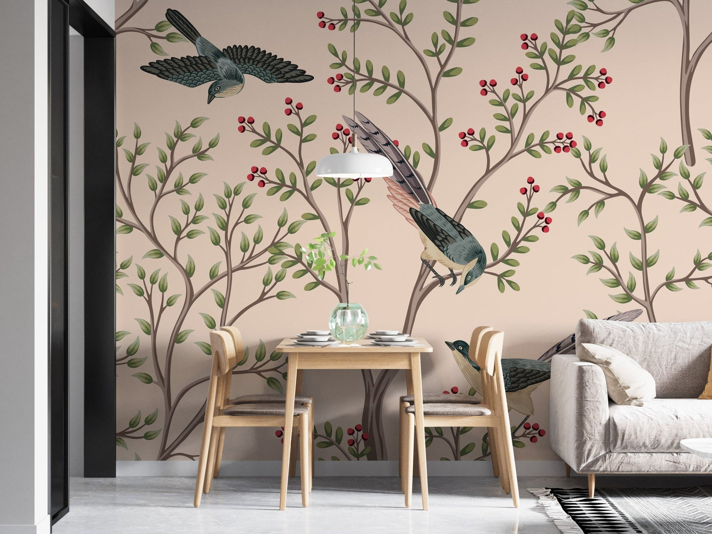 Subtle pink leaves and bird wallpaper art A675
