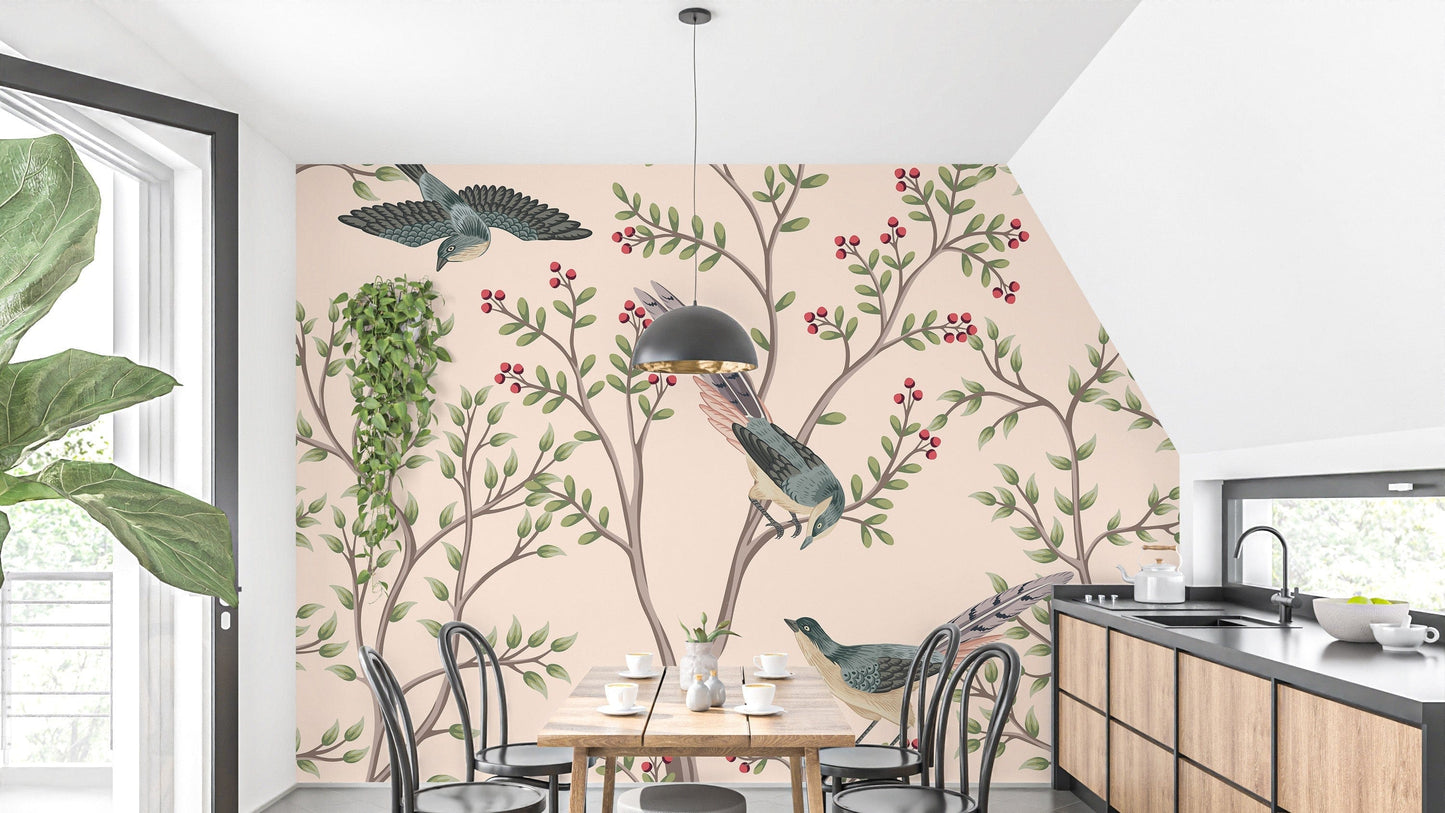 Light pink leaves and bird wallpaper mural

