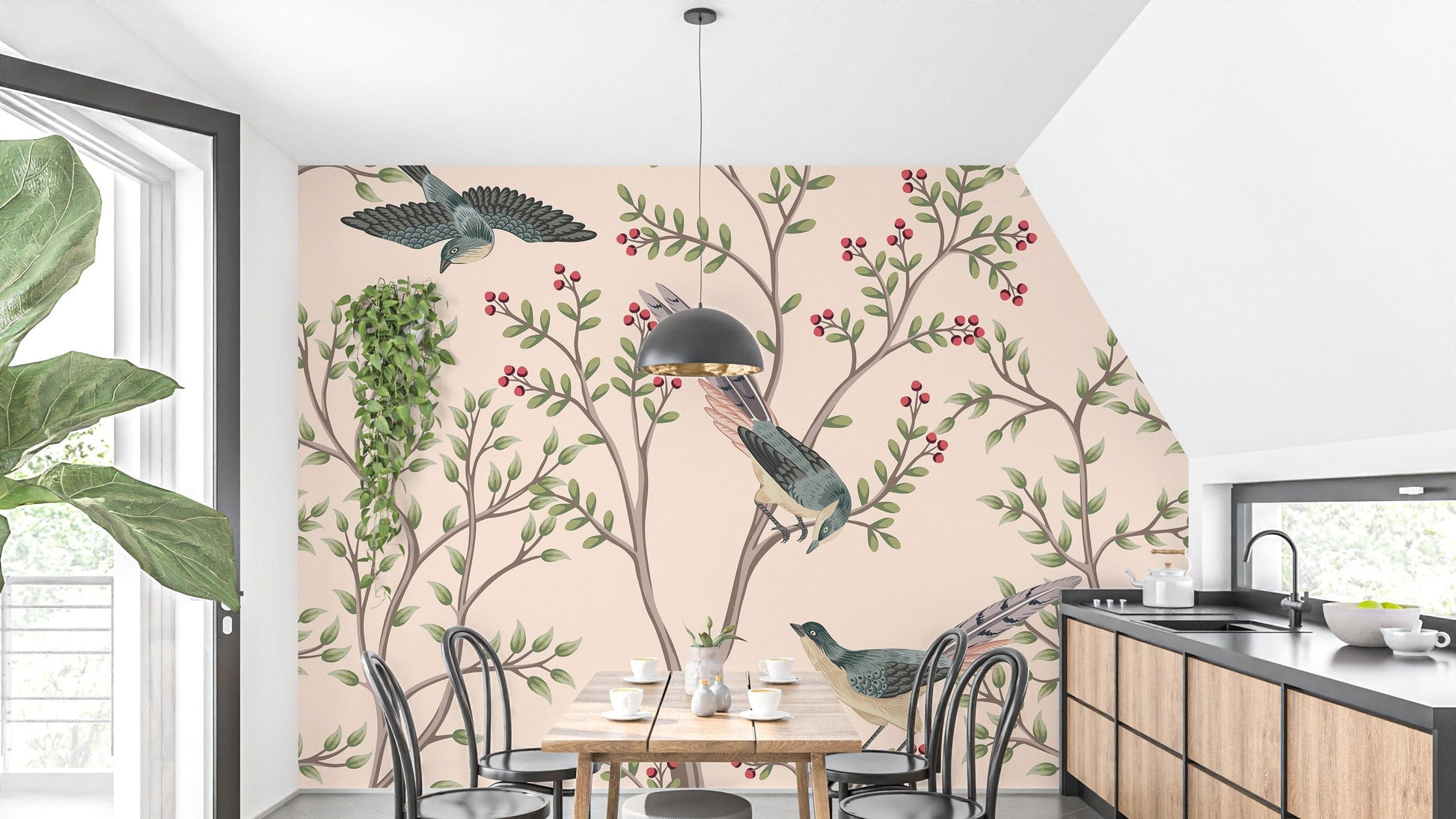Light pink leaves and bird wallpaper mural

