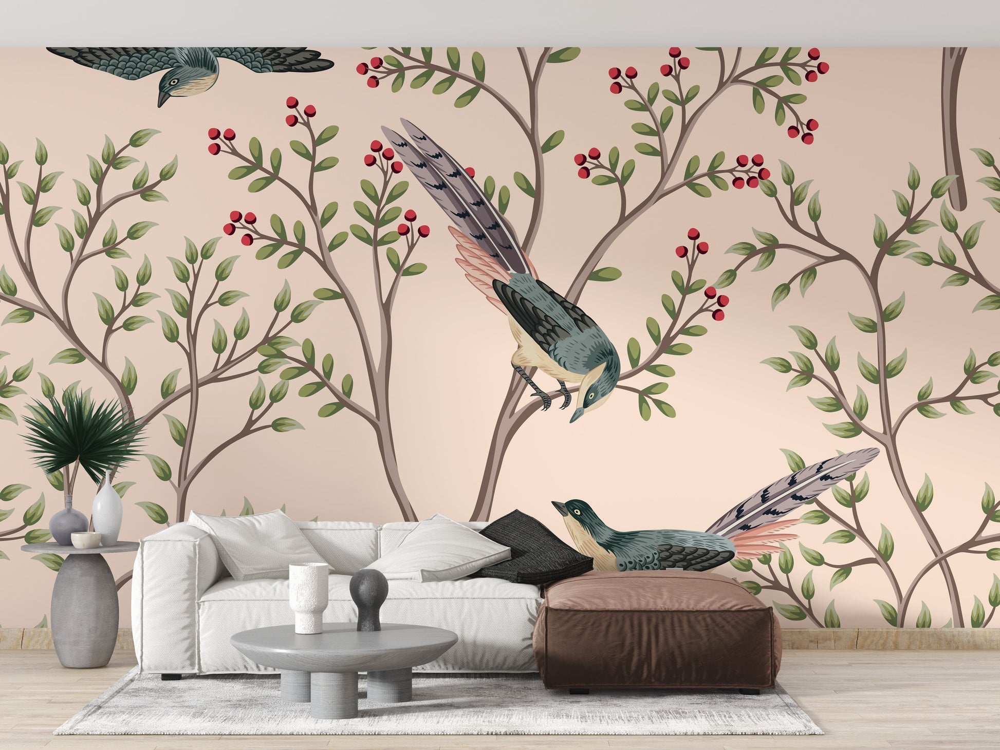 Soft pink wallpaper with bird and leaves
