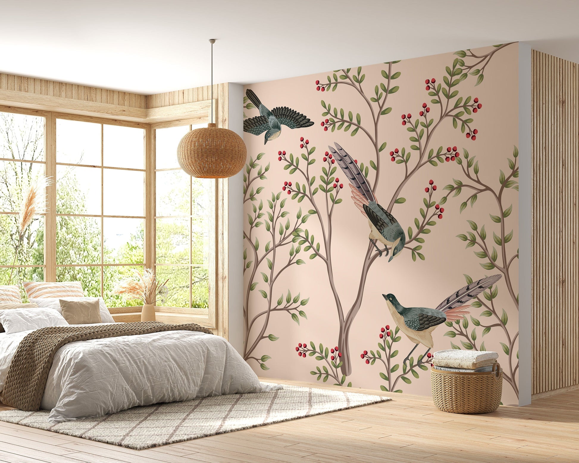 Delicate bird and leaves wallpaper in pink
