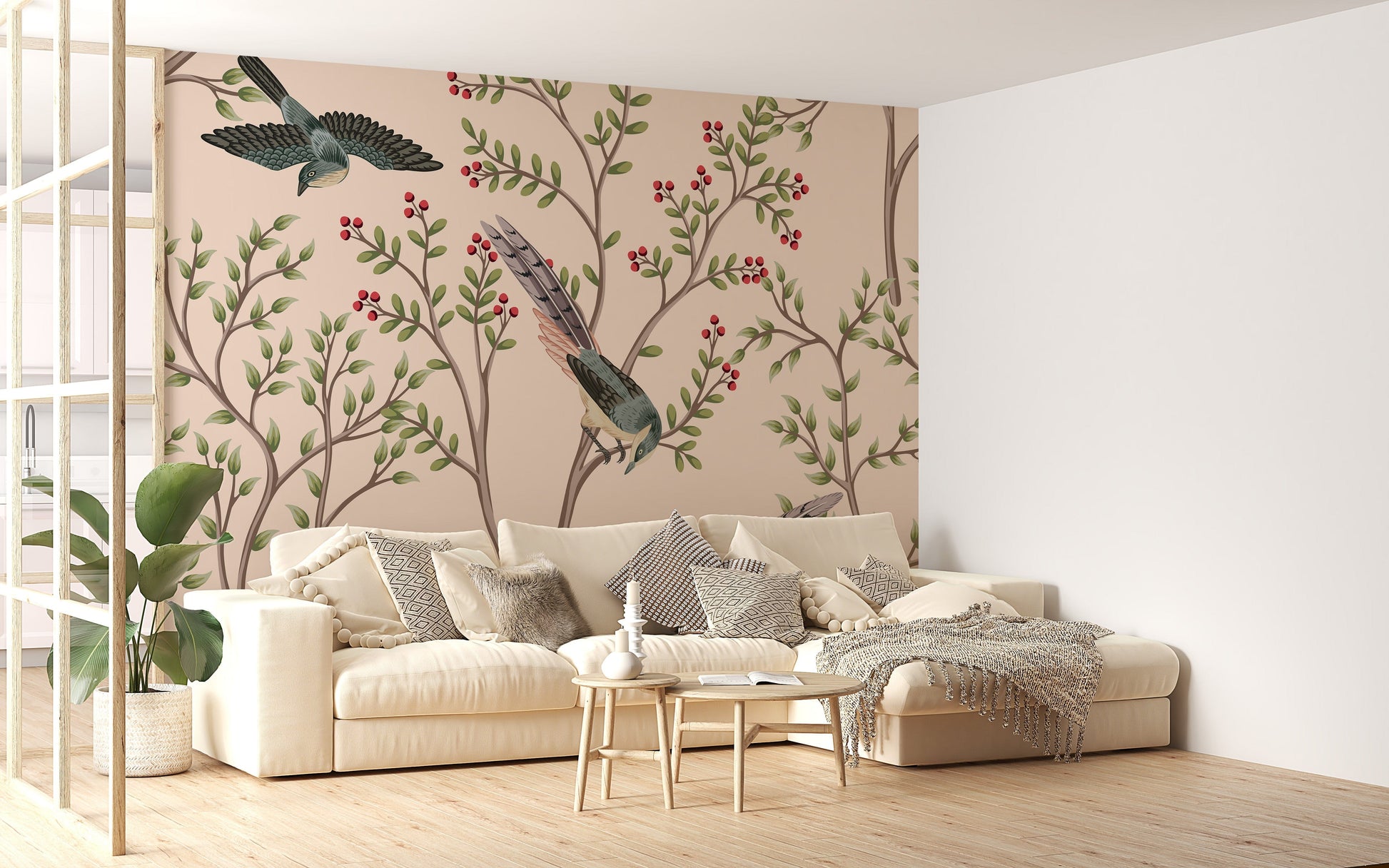 Light pink wall mural with nature’s charm
