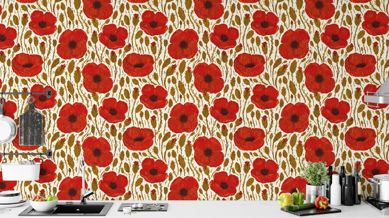 Nature-inspired light red poppy wallpaper for serene and cozy spaces.
