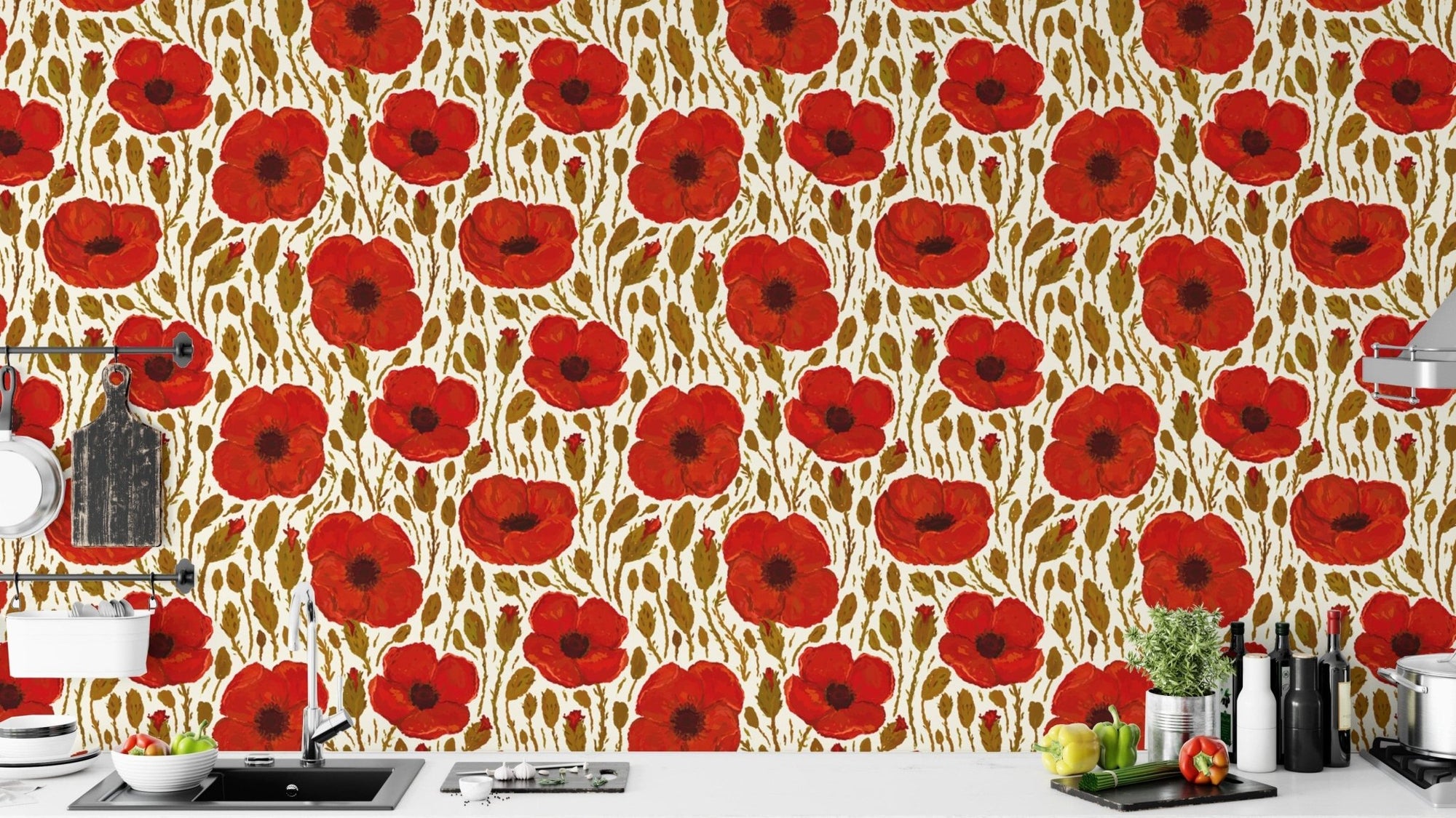 Nature-inspired light red poppy wallpaper for serene and cozy spaces. RNM77
