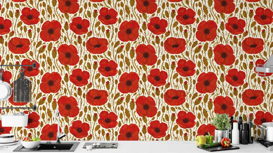 Nature-inspired light red poppy wallpaper for serene and cozy spaces. RNM77
