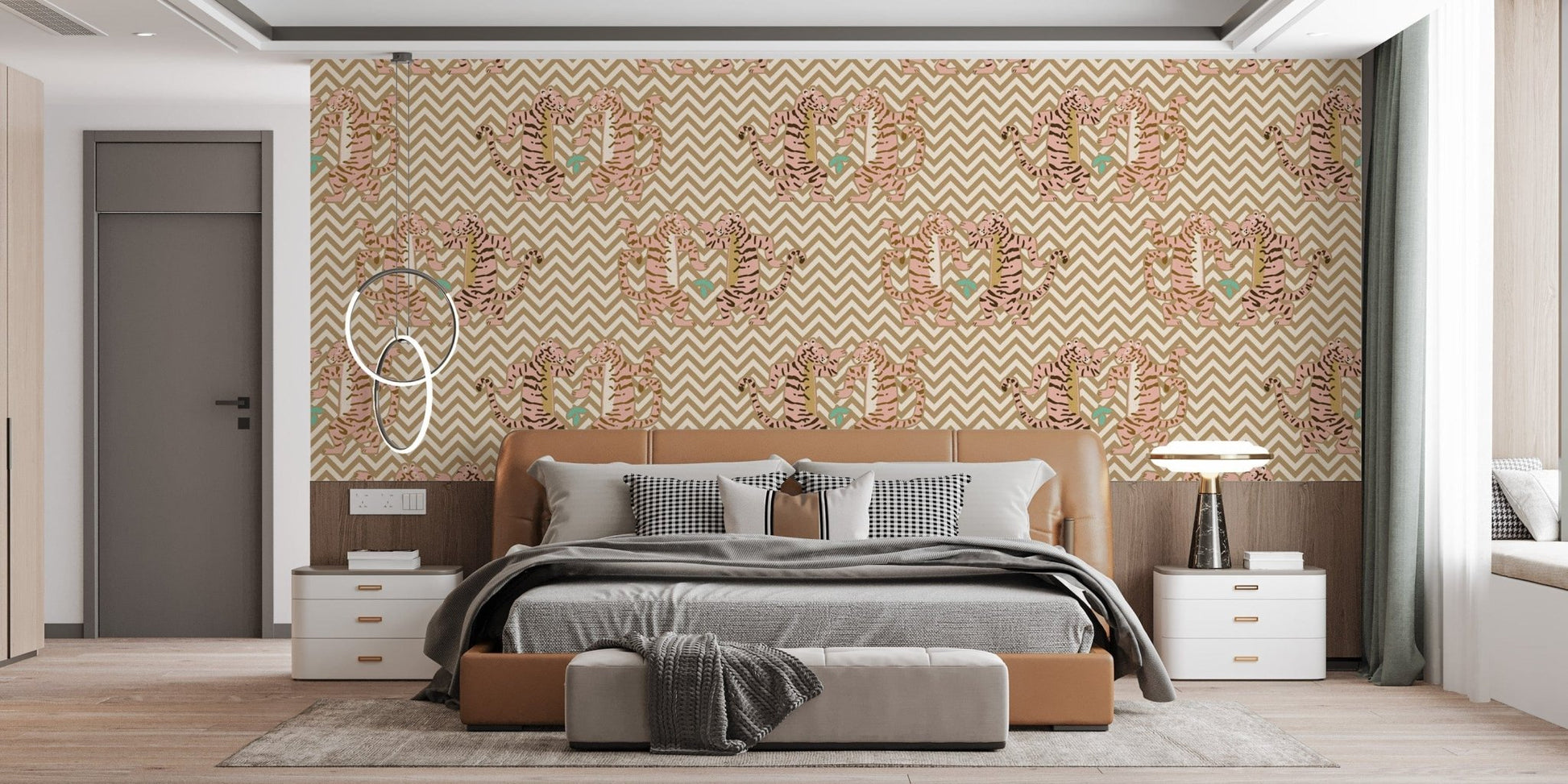 Elegant light sand zigzag tiger wallpaper mural
