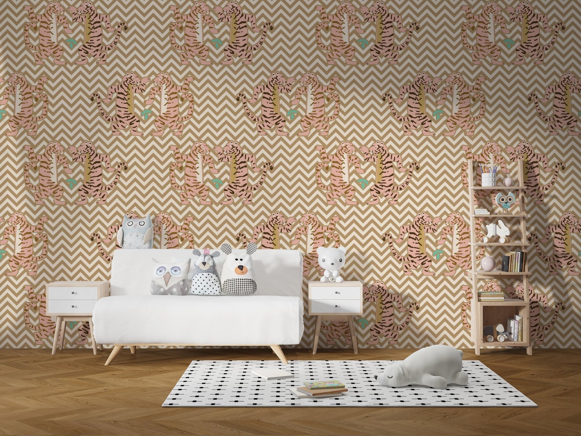 Contemporary tiger zigzag wallpaper in light hues

