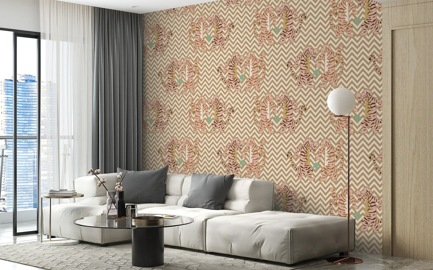 Zigzag tiger wallpaper in soft sand tones

