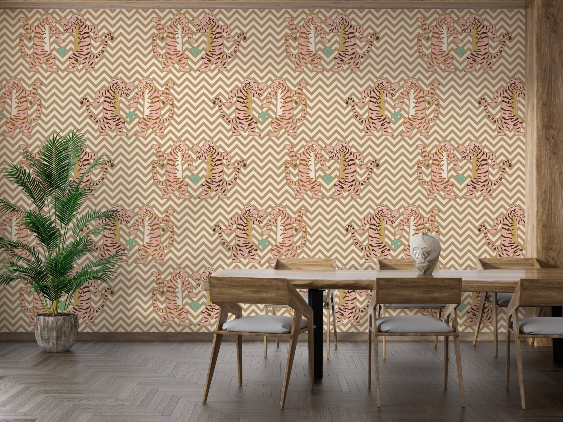 Artistic light sand tiger zigzag wall mural design




