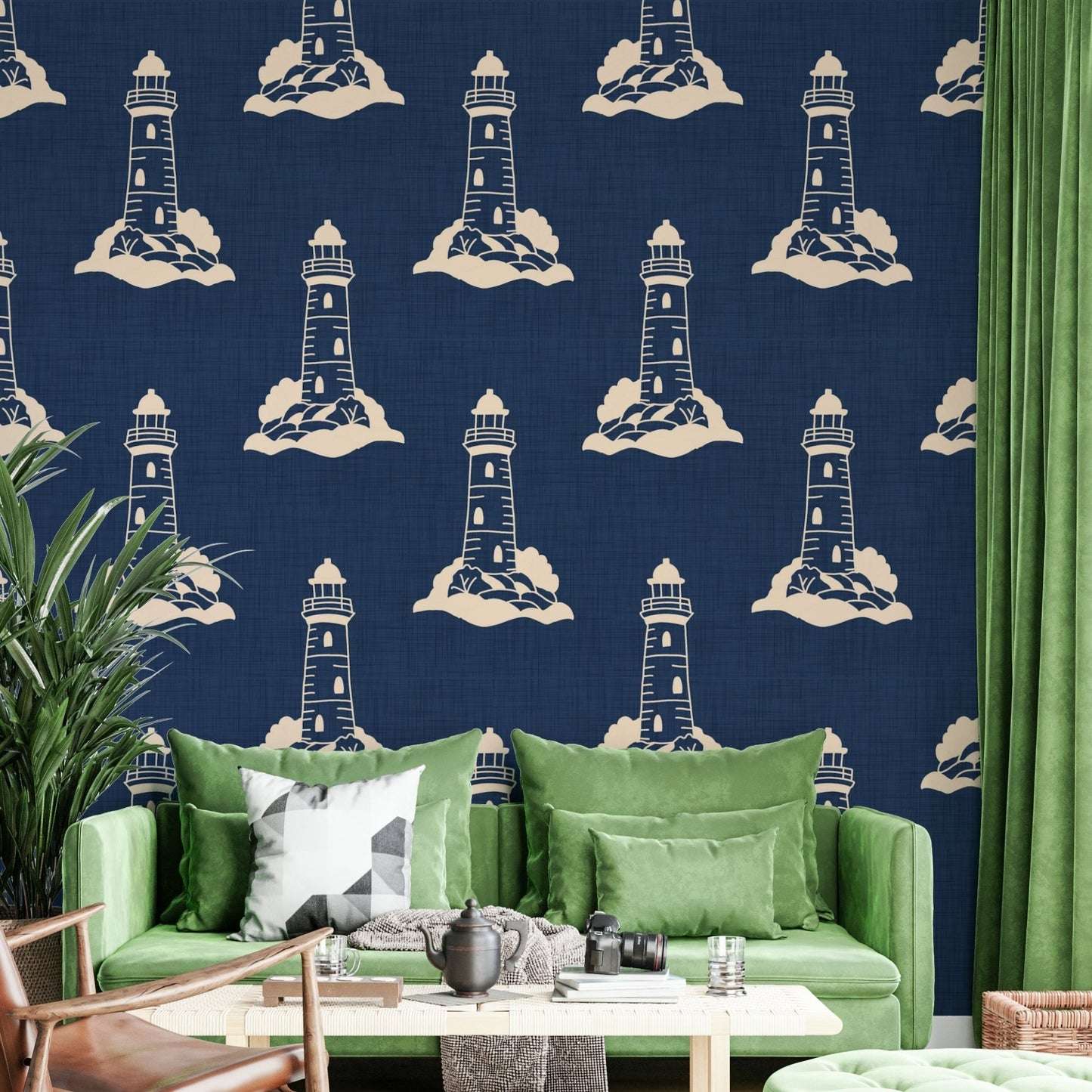 Vintage maritime wall mural with lighthouse
