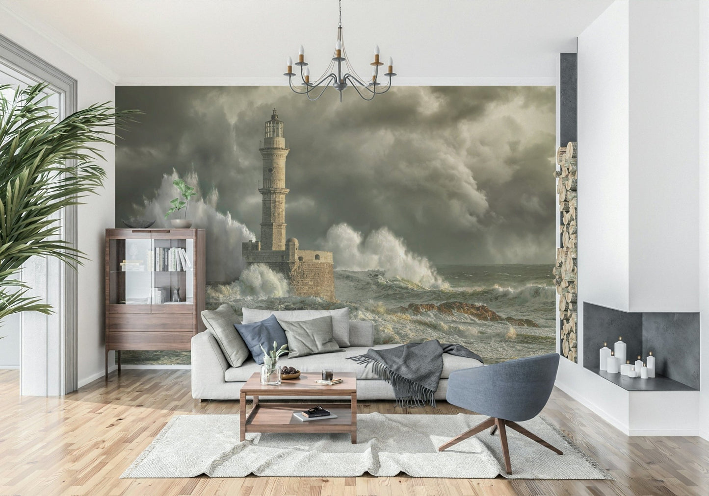 A serene coastal landscape wall mural of waves and a beacon.