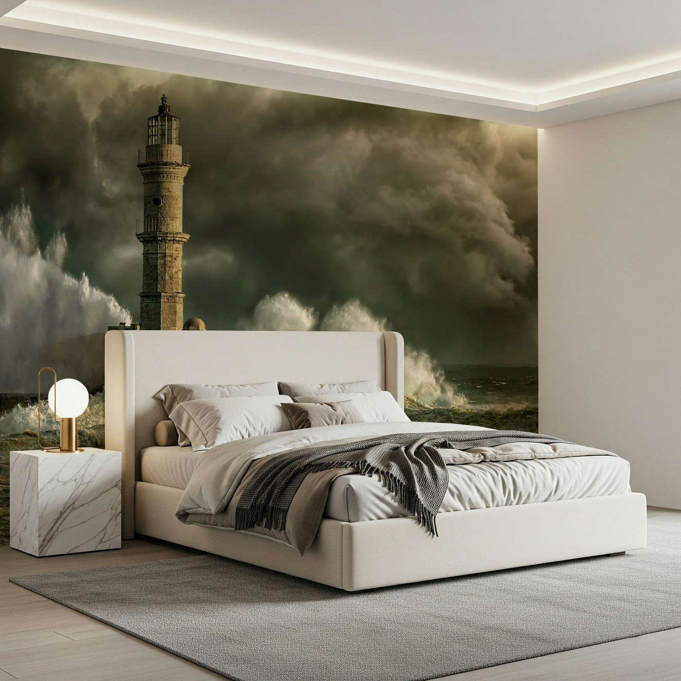 A beautiful dramatic lighthouse wallpaper mural during a storm.