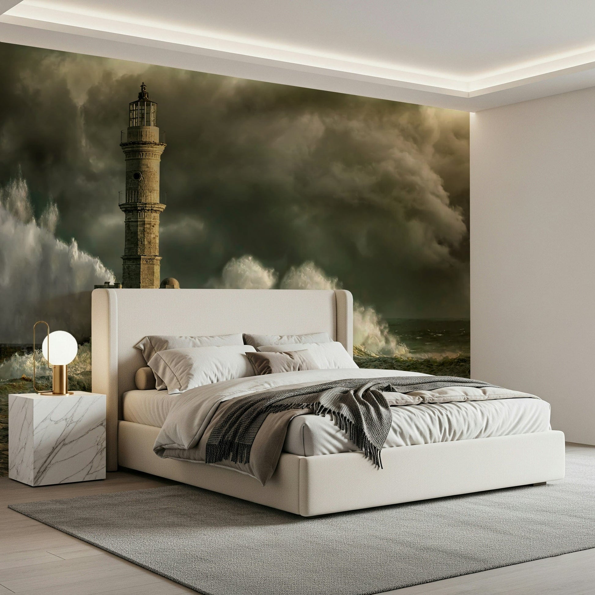 A beautiful dramatic lighthouse wallpaper mural during a storm.