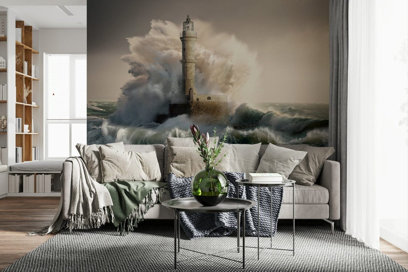 A beautiful dramatic lighthouse wallpaper mural during a tempest or storm.