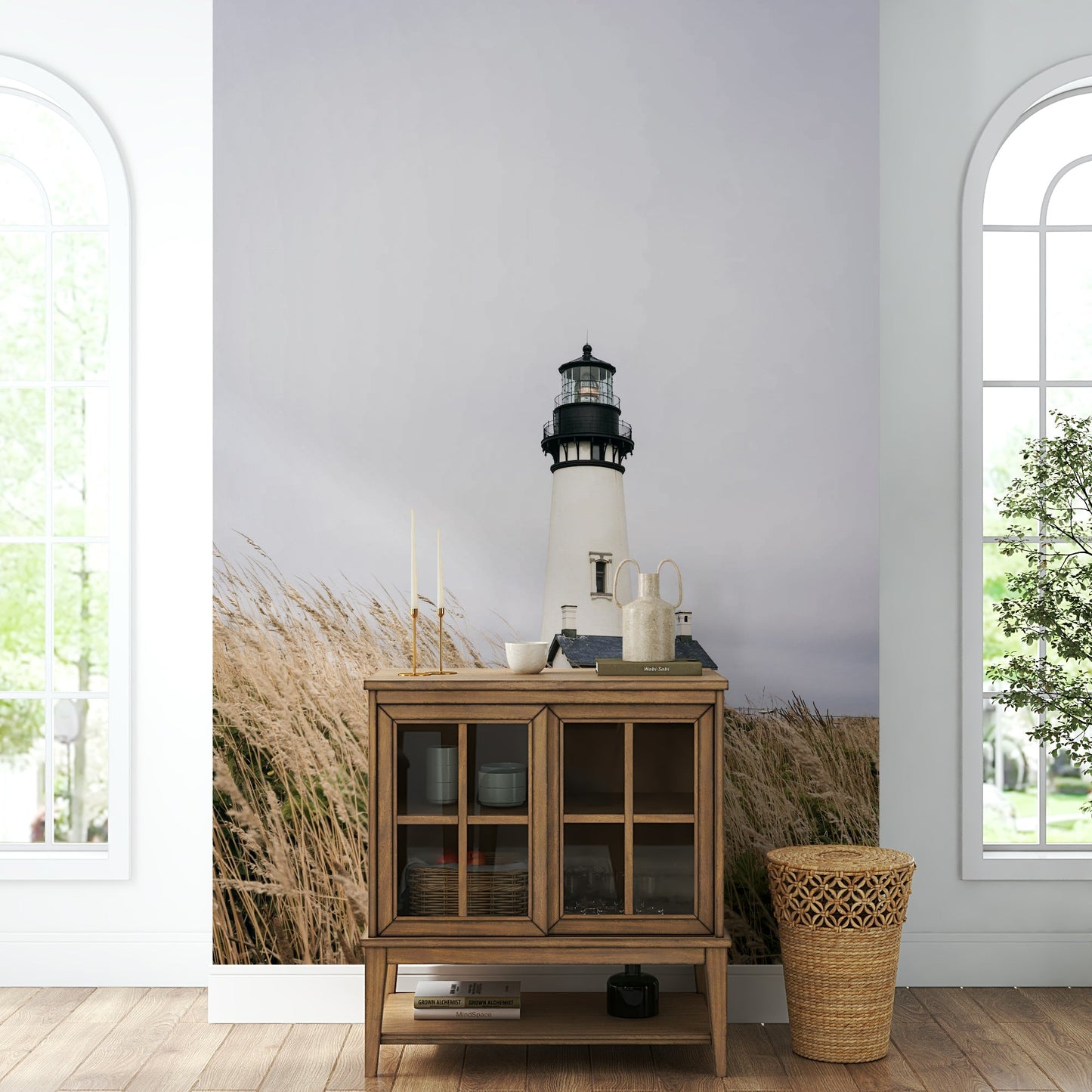 Dramatic coastal scene with waves or serene water.

