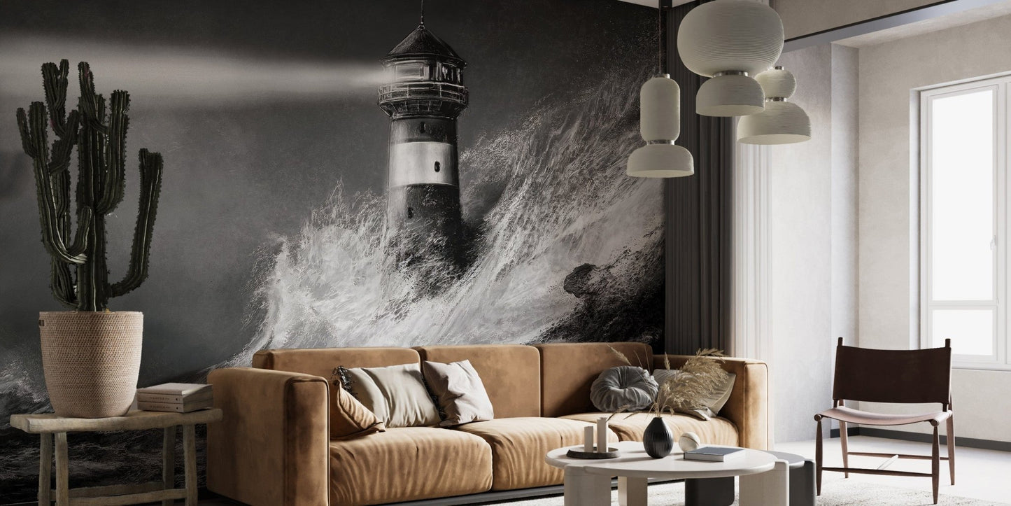 Monochrome Lighthouse in a sea of fierce waters Wallpaper - Giffywalls