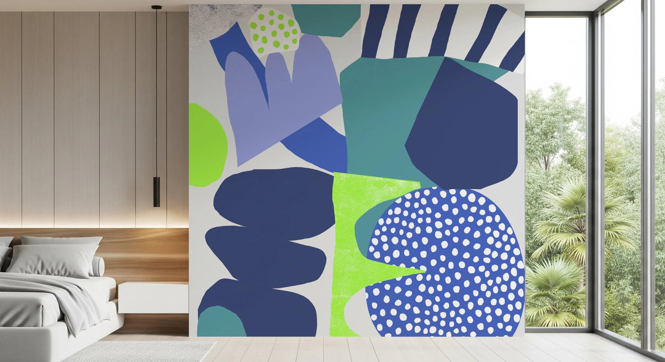 Bedroom with Lil Blue wall mural in bold abstract blue and lime shapes