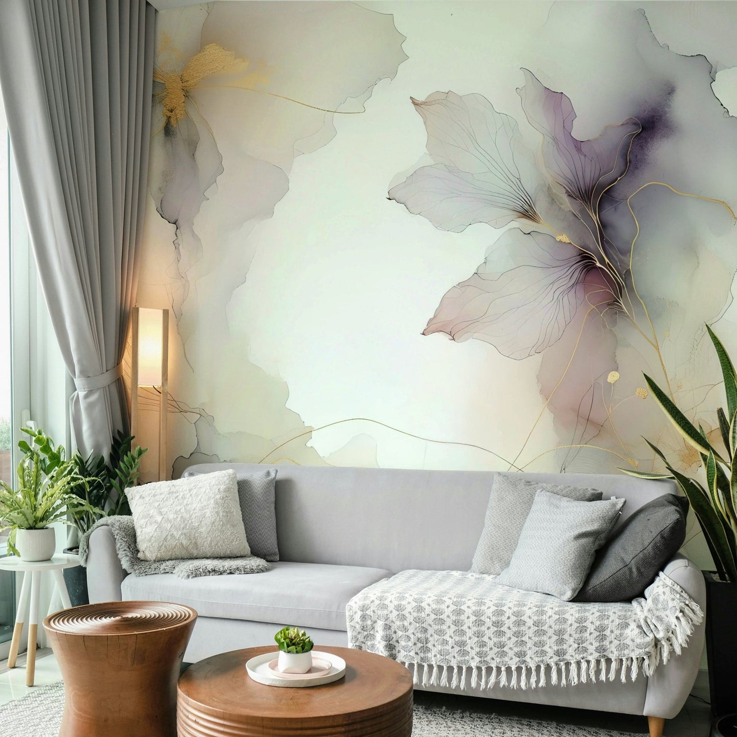 Elegant wall mural with lilac and petal textures.

