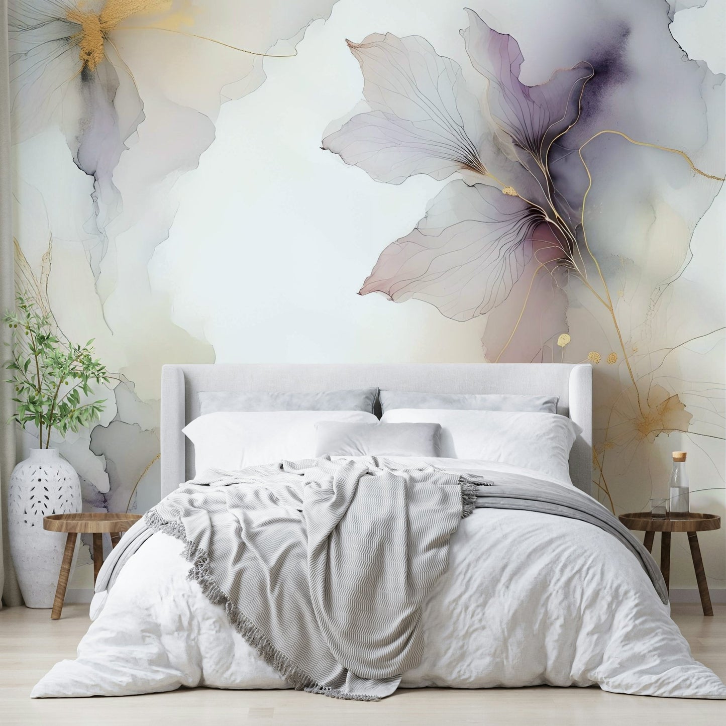 Romantic wall mural in shades of lilac and blush.

