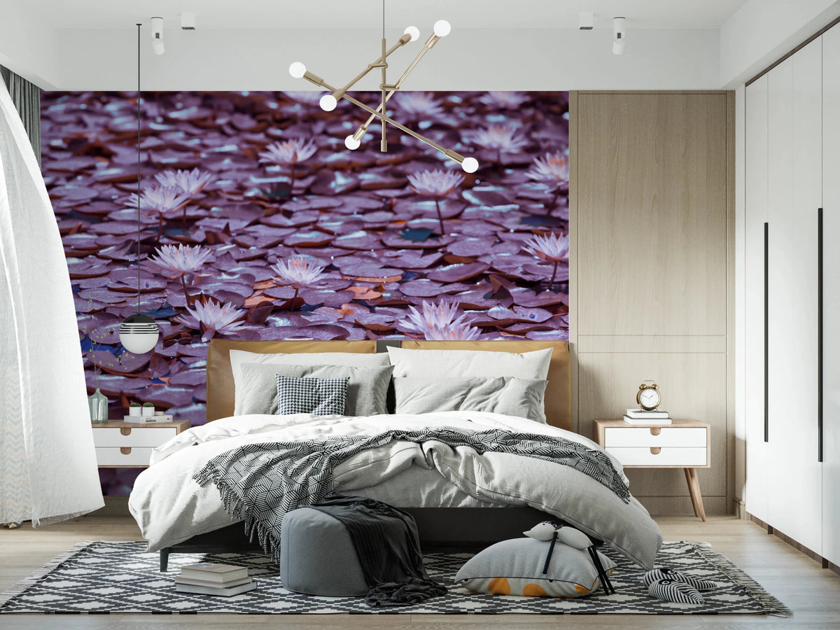 Lilac Lotus Pond Wall Mural - Floral Water Garden View