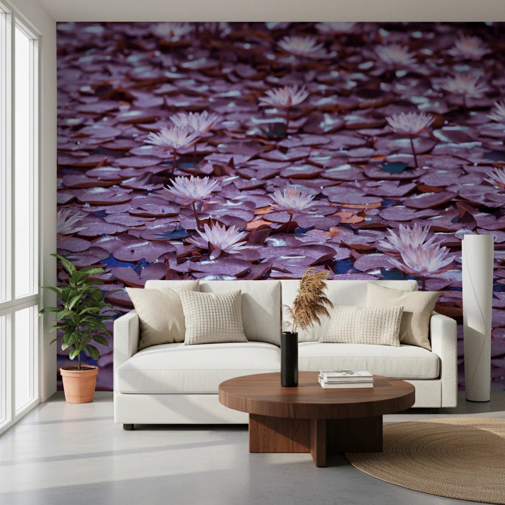 Hallway shows Lilac Lotus Pond wall mural with soft petals