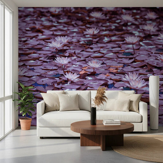 Hallway shows Lilac Lotus Pond wall mural with soft petals