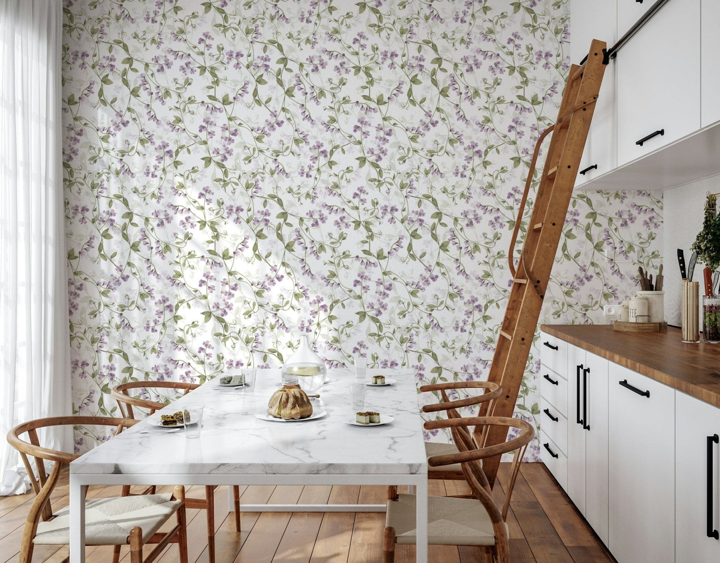 White background Lilac Vines Meadow spring flower wallpaper look.