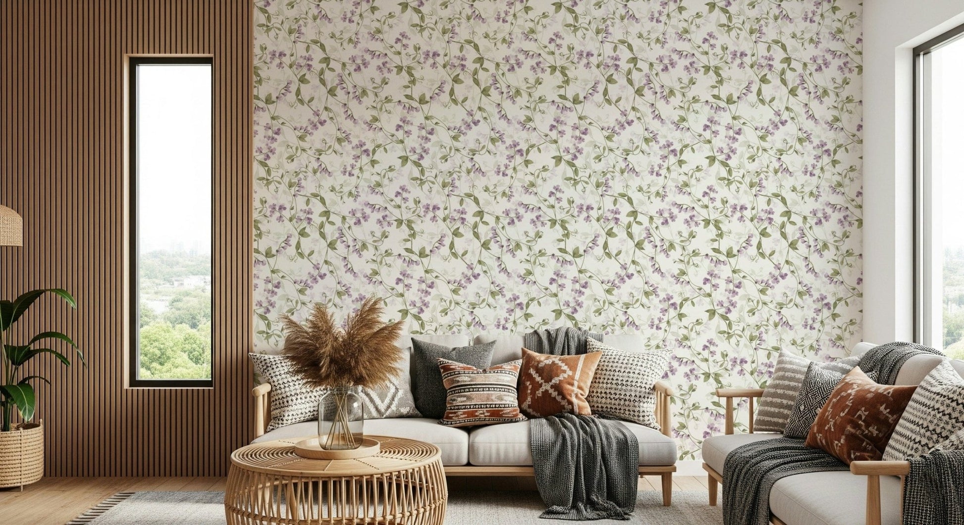 Feminine bedroom wallpaper Lilac Vines Meadow botanical art.
