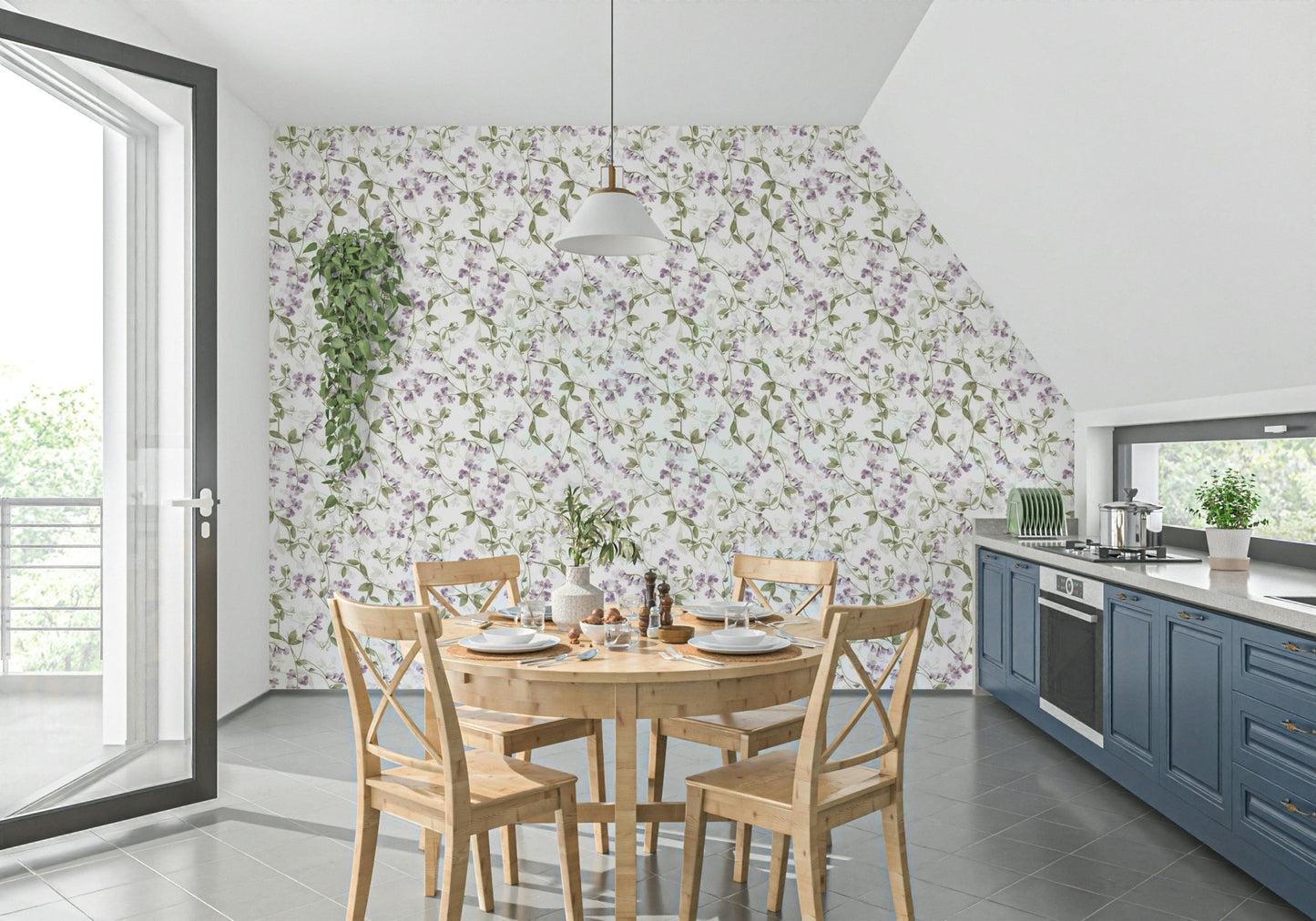Nature inspired Lilac Vines Meadow design aesthetic wallpaper.