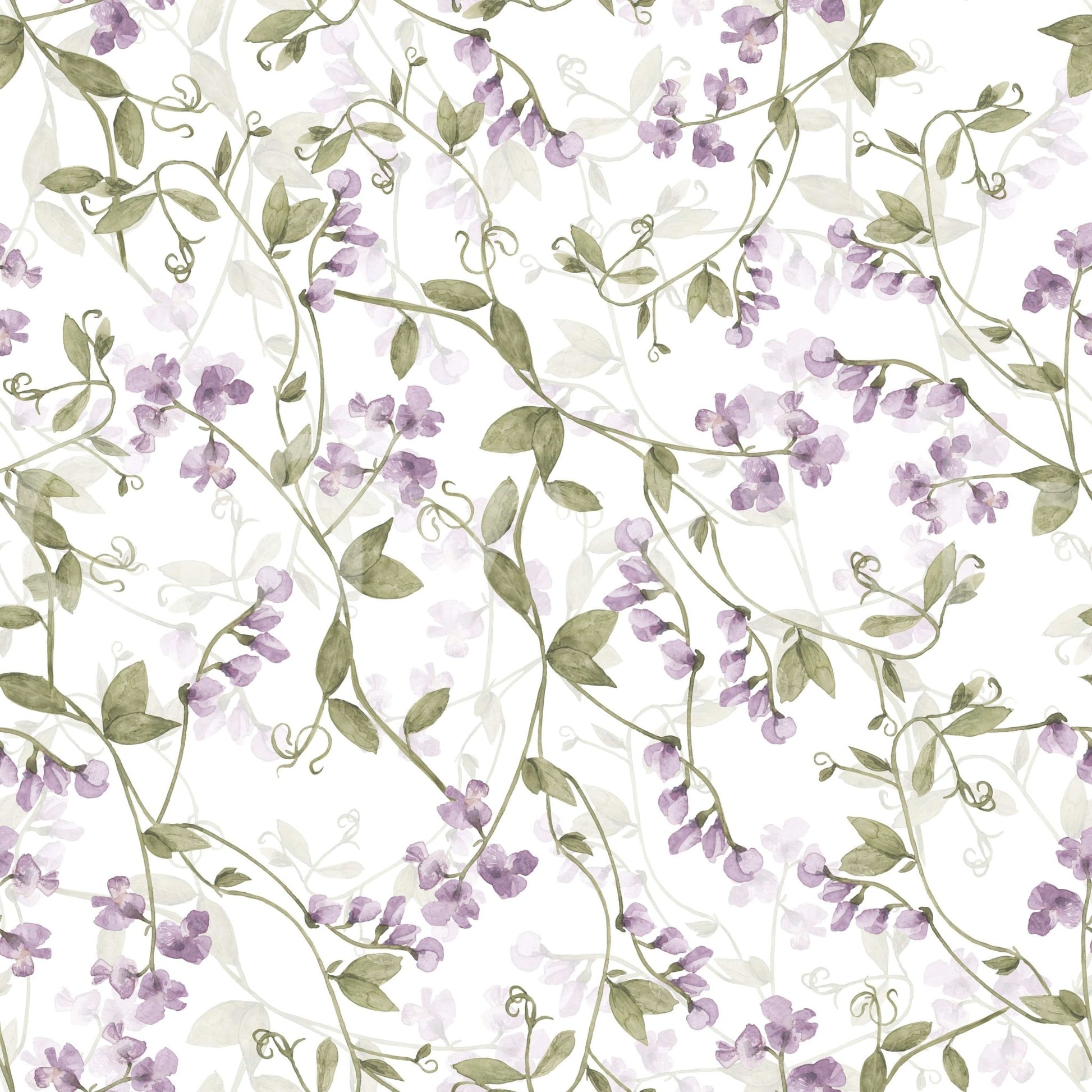Watercolor texture Lilac Vines Meadow botanical wall mural.