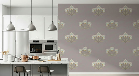 Lilas Bloom Wallpaper with painterly lilac petals and trailing leafy stems, GD6838