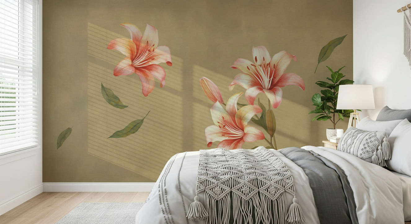 Elegant living room featuring a white Lily Whisper wallpaper.