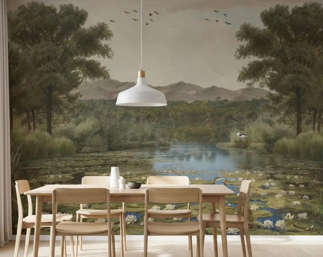 Dining room with Lily Pond Serenity Wall Mural and calm water view, GD9004